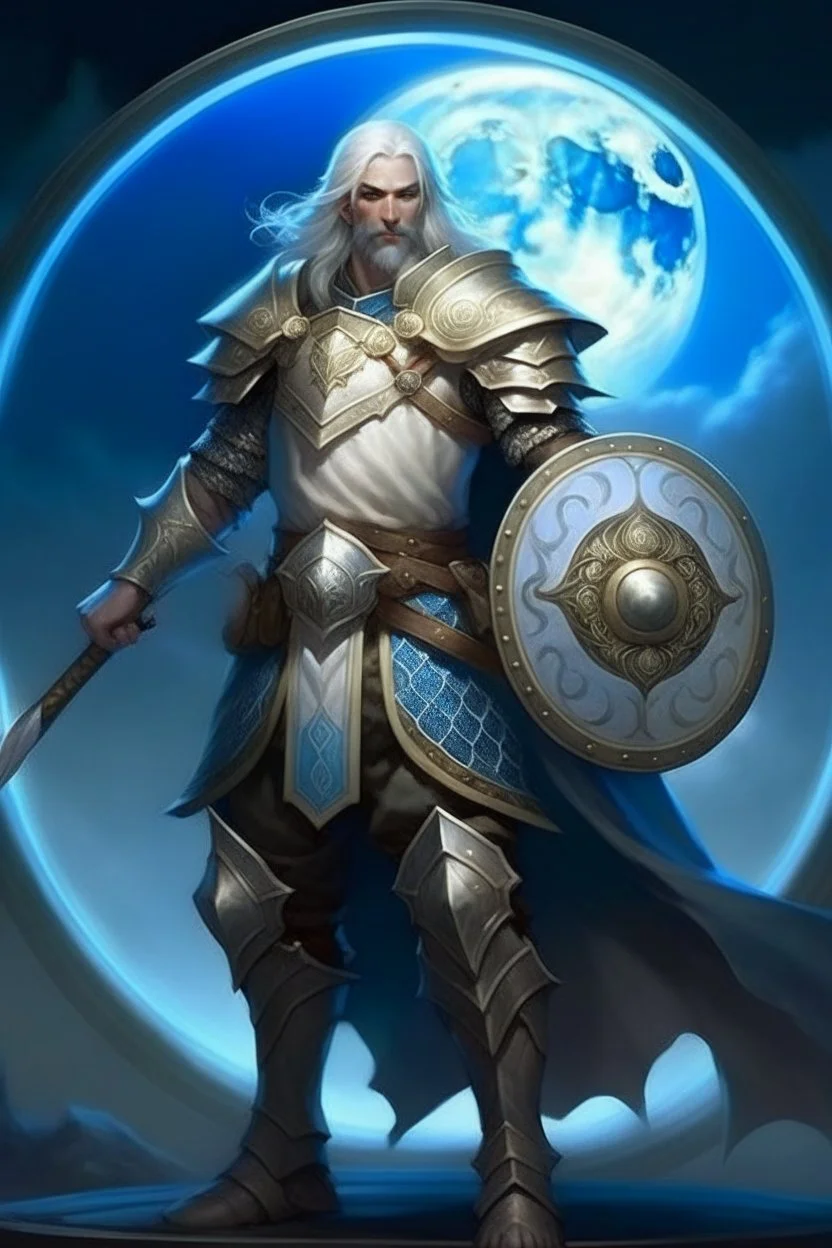 Please create an image for a 30-year old aasimar male with silver hair and a short, square beard and blue eyes but no explicit celestial features. He is a cleric, and standing outside in the moonlight wearing plate armor and wielding a shield and a warhammer. His equipment carries motifs of the crescent moon