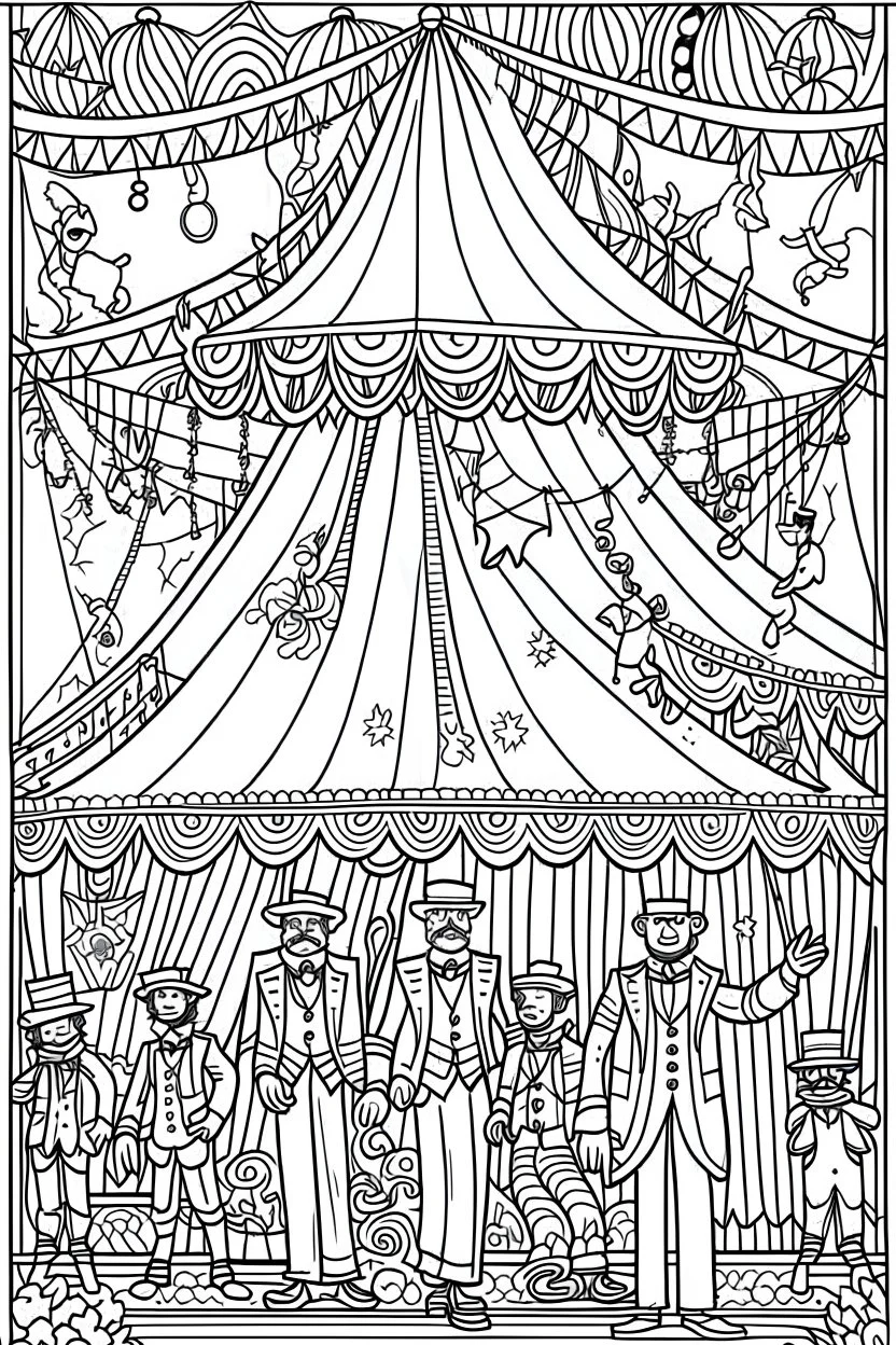 Coloring book page:: Circus: A whimsical illustration of a circus tent with acrobats, clowns, and a ringmaster:: high detail adult coloring book page thin black lines white background, 1 bit line art coloring book, only draw outlines, crisp, thick outlines, use up the entire screen, outline art, storybook illustration –no noise, book, logo, page, letters, words, markers, grayscale, –no black background –ar 3:4 –v 4