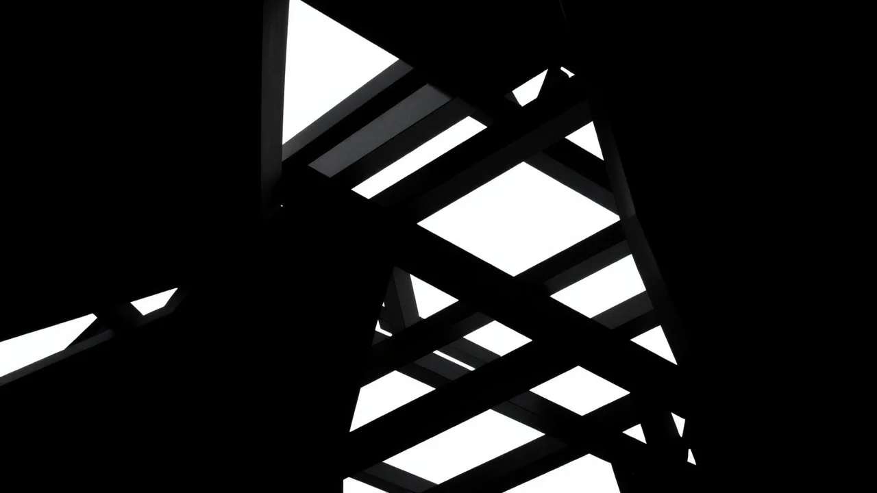 Black geometric shapes forming a complex structure, architectural design, strong lines, deep shadows, bright directional light.