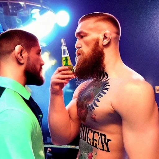 khabib drinking a whisky with conor mcgregor in a disco club