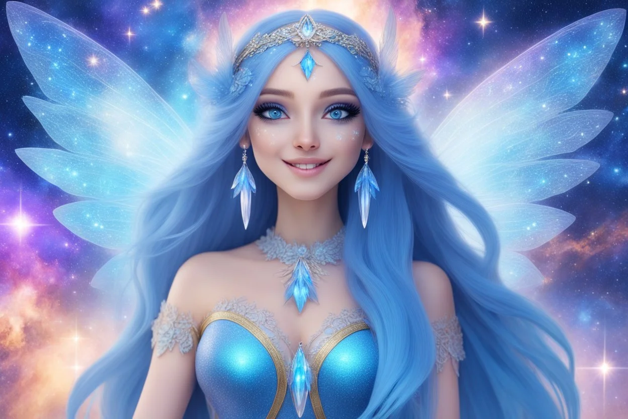 A beauty Fairy women with long blue straight hair, with a beautiful face, and Blue big eyes. She has Crystal wings and sweety elegant smile.She Is a magic sacred dancer in cosmica ceremony..the background Is a magic coloured bright galaxy, with a stars. She Is so fine gentle and with grace