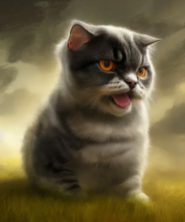 digital painting artwork of realistic scottish fold cat, highly detailed epic cinematic concept art cg render, dynamic dramatic cinematic lighting, aesthetic, excellent composition, very inspirational, arthouse, garden background, made in maya, blender and photoshop, by ruan jia