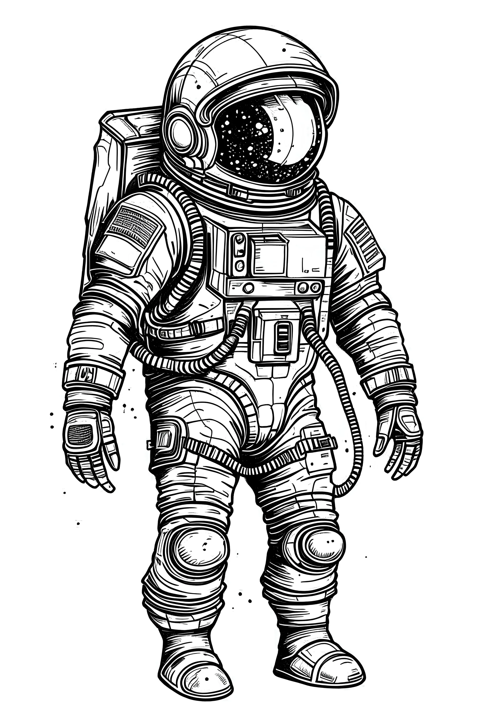 disegno astronauta intero con gambe e casco trasparente sfondo bianco contorni neri
