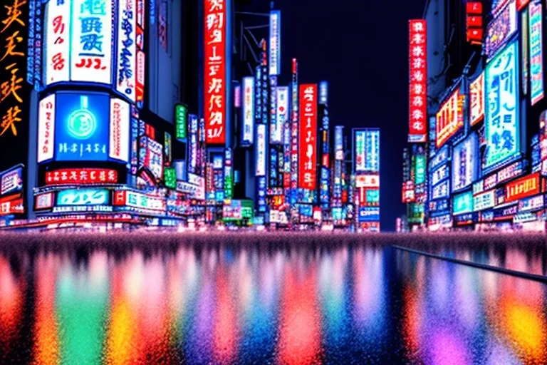 Cinematic view of Tokyo city at night, melancholic, buildings with blue neon signs and flags, rain, high definition, 3D