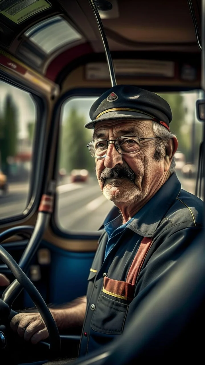 portrett av busssjåfør Leonidas fra sparta som kjører lexbussen, shot on Hasselblad h6d-400c, zeiss prime lens, bokeh like f/0.8, tilt-shift lens 8k, high detail, smooth render, down-light, unreal engine, prize winning