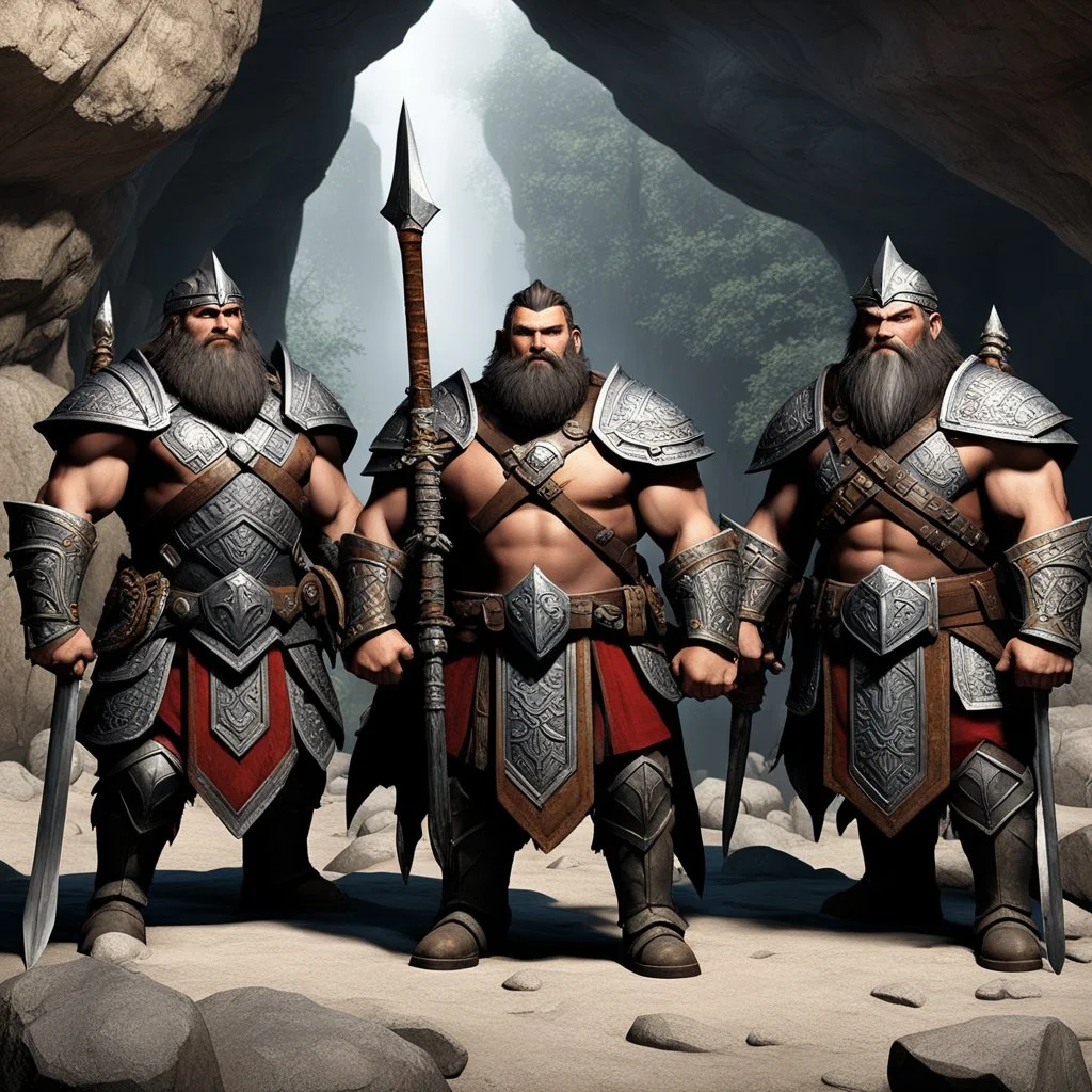 The sturdy Dwarves in front of the cave, with their characteristic proud, stout physiques, wear ornate, battle-worn armor adorned with bold, geometric patterns, and wield mighty axes, hammers, and swords. Their facial features are strong, with prominent beards, bushy eyebrows, and piercing, gemstone-like eyes. We Were Born Ready