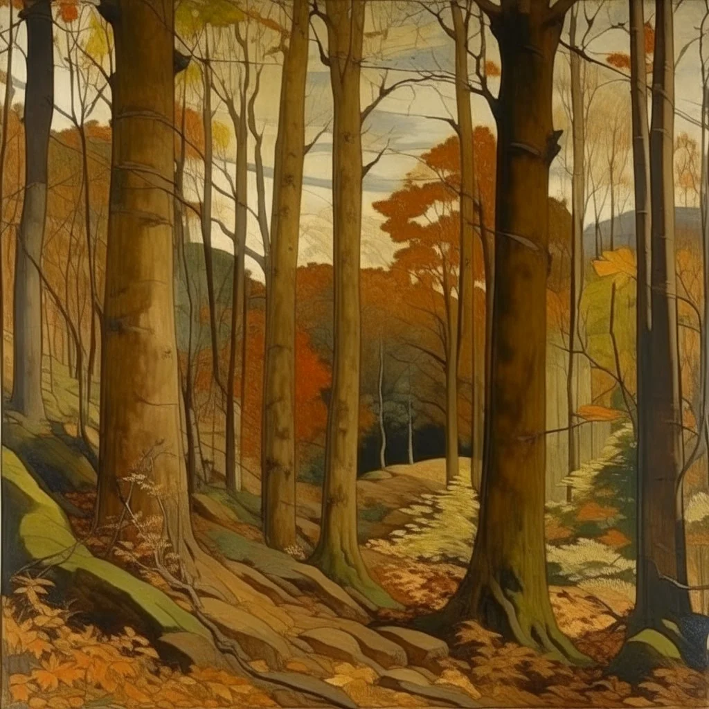 A brownish bronze Thanksgiving themed autumn forest painted by Raymond Duchamp-Villon