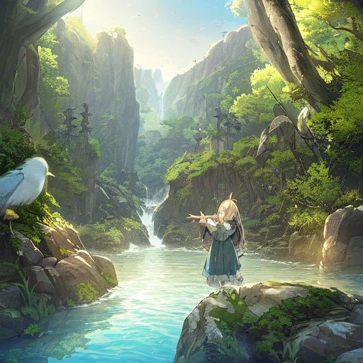 anime girl is praying with her eyes closed, meditating, rock trees, birds, creek, breathe