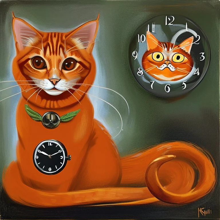 Orange longhairs cat with a clock, surrealism in the style of Salvador Dali