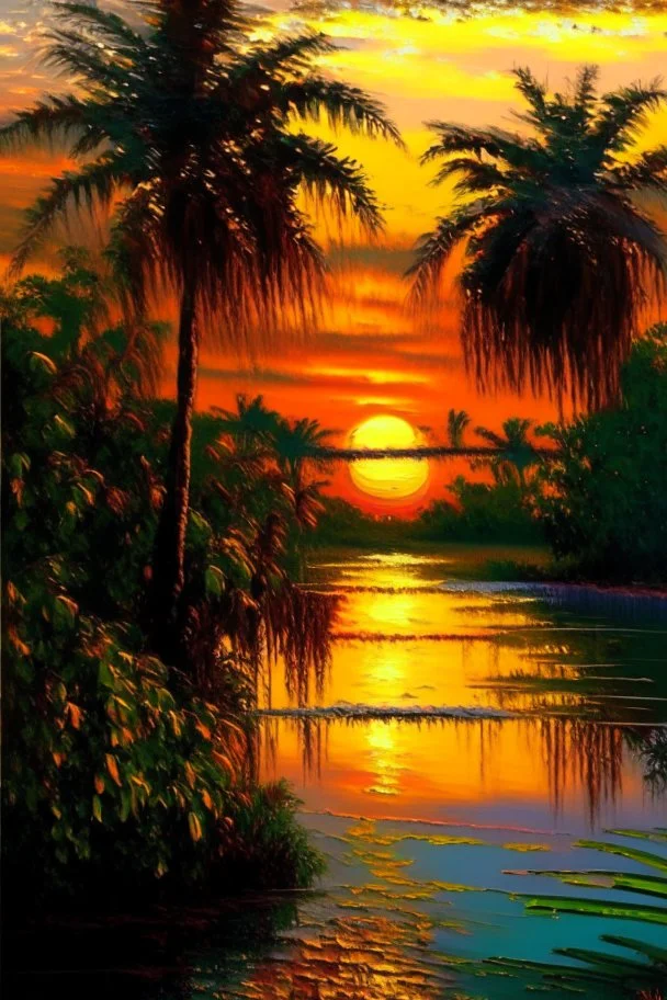 Tropical landscape oil painting, detailed Claude Monet, detailed, sunset