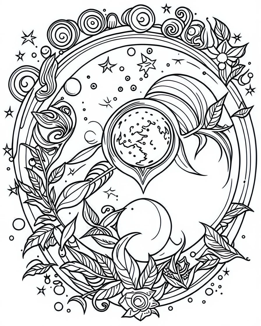 outline art for stoners coloring pages with A very simple and minimal design featuringA trippy cosmic journey through space, with planets and stars morphing into cannabis leaves, white background, sketch style, fully body, only use outline, mandala style, clean line art, white background, no shadows and clear and well outlined