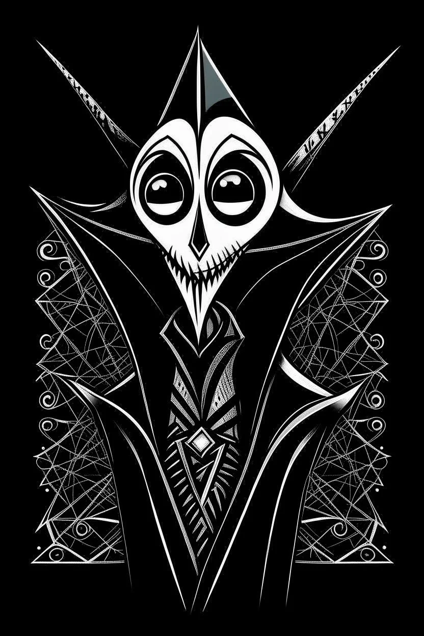 tim burton's jack skellington in a black hooded cloak drawn in a retro mascot style, inside a diamond shape on a black background, monochromatic