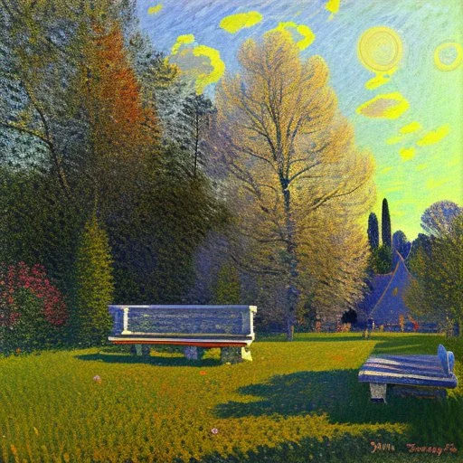 Sunny day with rocks and trees, square bench, alfred sisley impressionism painting