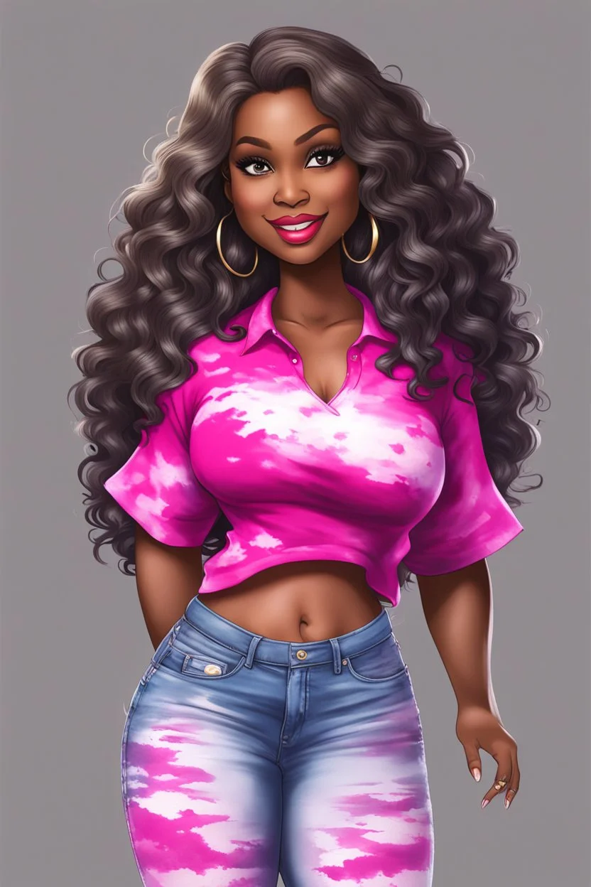 Create an magna cartoon image of a curvy black female wearing a hot pink tie dye t-shirt with white cut up jeans. Prominent make up with hazel eyes. Highly detailed long wavy brown and grey ombre hair flowing in the air.