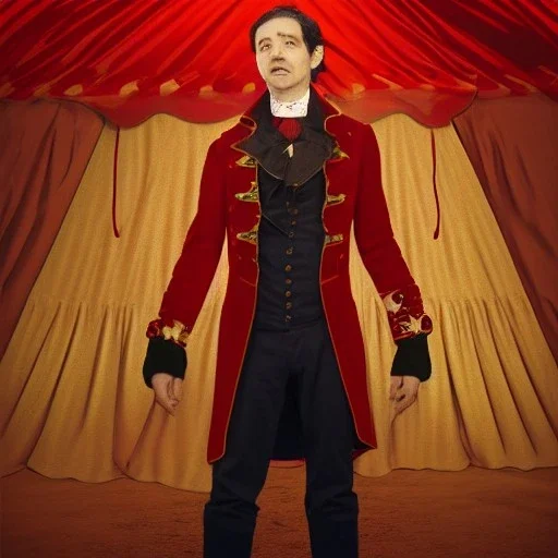 circus ringmaster standing alone inside dark circus tent, garish red coat, desolate, night circus, 1800s, chiaroscuro lighting , 8k UHD, matte painting, illustration, renaissance, artwork, high-quality, creepy, rocco, greg rutowski, howard lyon, alphonse mucha