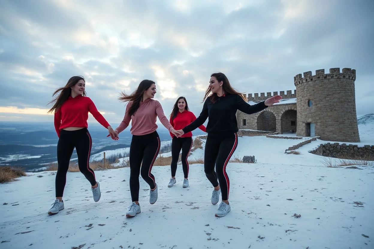 a group of Turkish young ladys in sports pants and blouse are dancing in Babak Castle in Iran west north ,cloudy sun set sky,snowy environment