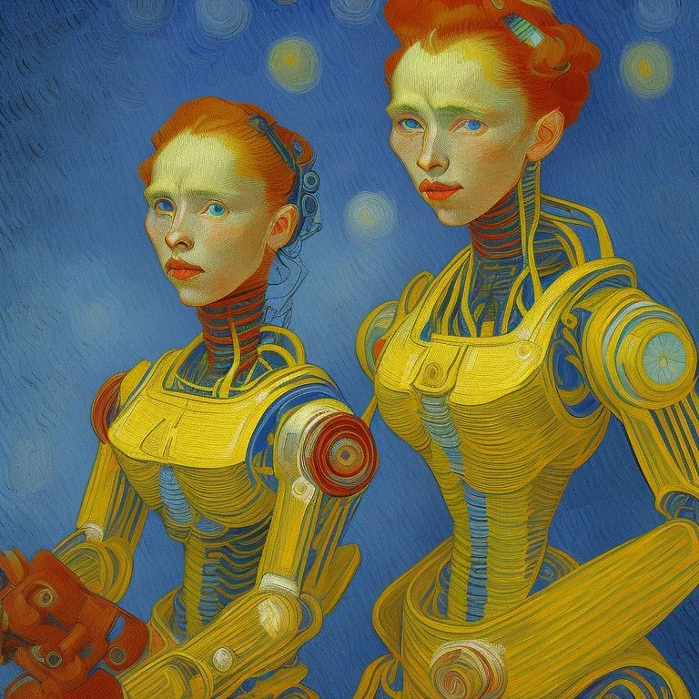 Portrait de femme robot par van gogh couleurs très vives très lumineux contraste