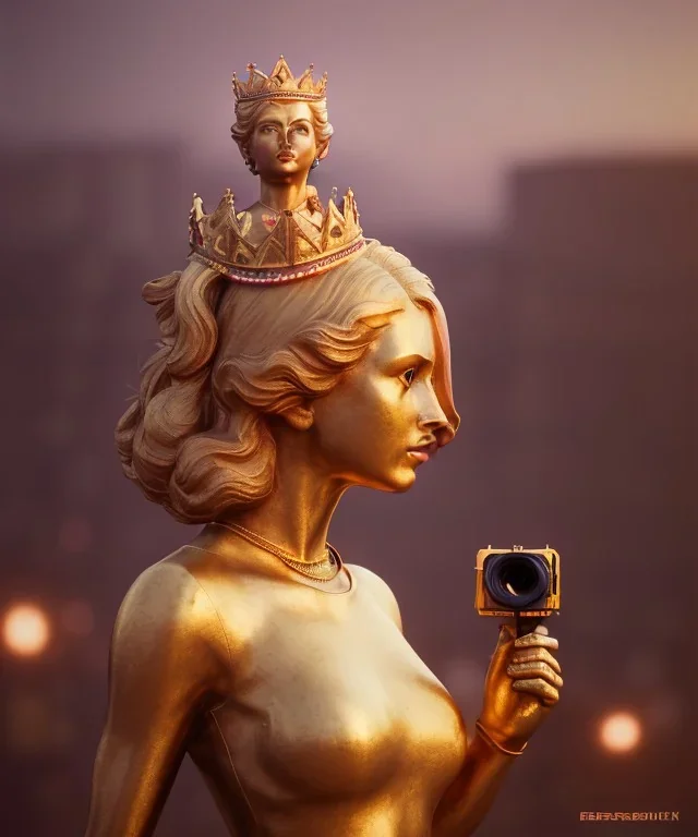 Statue of Queen of photography. Cute blonde woman. Photographer in golden crown. Standing on the street. Big camera in her hand. hyperdetailed, photorealistic, trending on artstation, greg rutkowski, beksinski, kodachrome, bokeh, red and gold