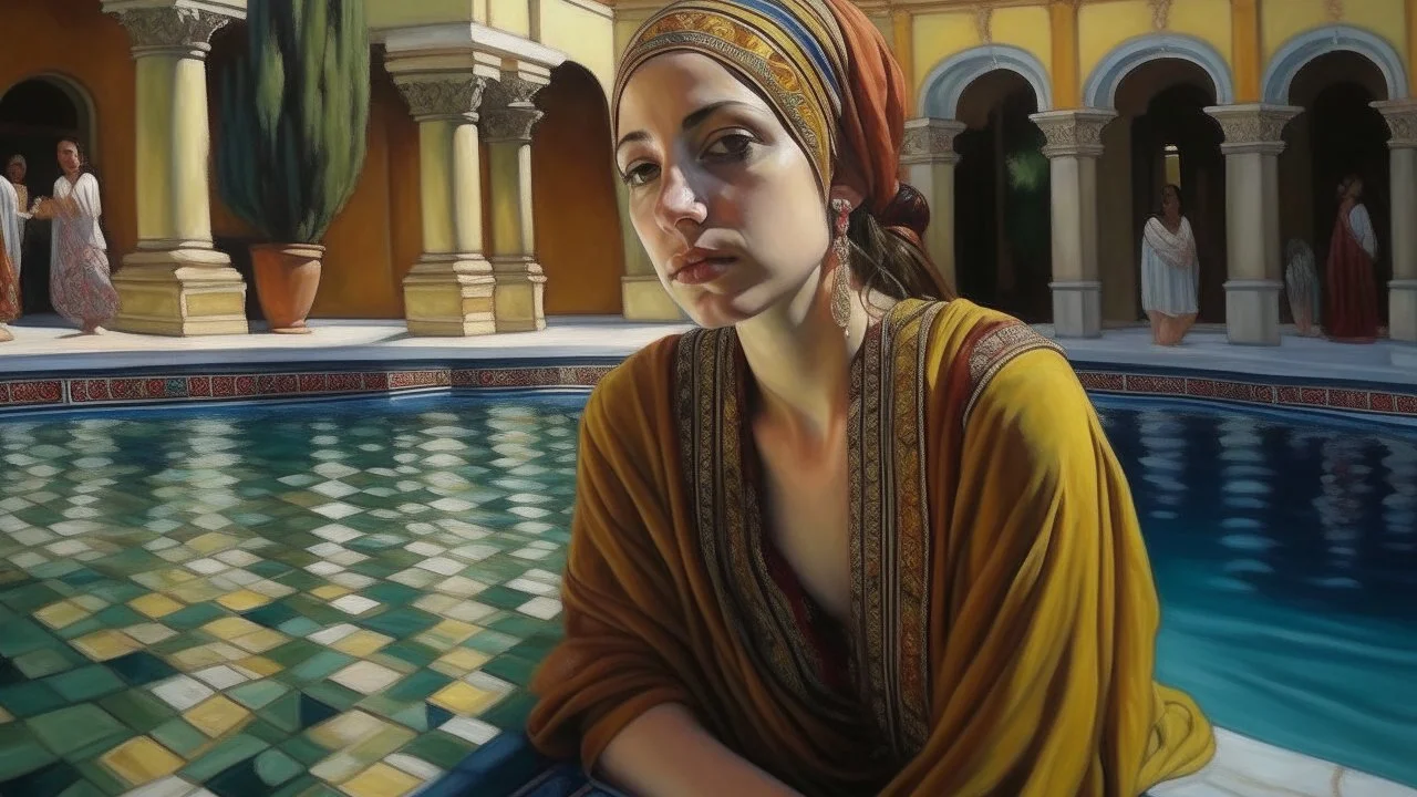 Neoclassicism pool arabic people woman in pool painting realistic cote d'azur colorfull