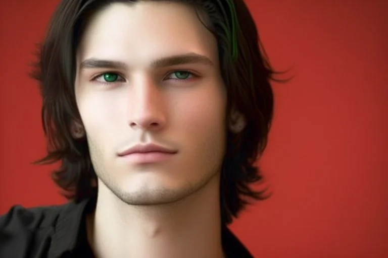 a young male with shoulder length black hair and green eyes, smirk