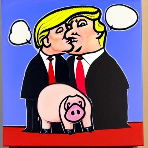 trump kissing a pig, oil on canvas, art brut