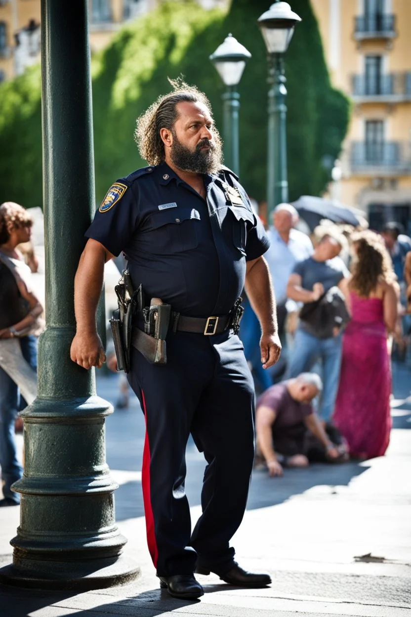 half figure shot photography strong chubby burly 39 years old neapolitan policeman, curly beard, dreadlocks, shirtless, manly chest, bulging trousers, in the sun, leaning against a lamppost in the middle of a crowded street, side light, sweat and wet