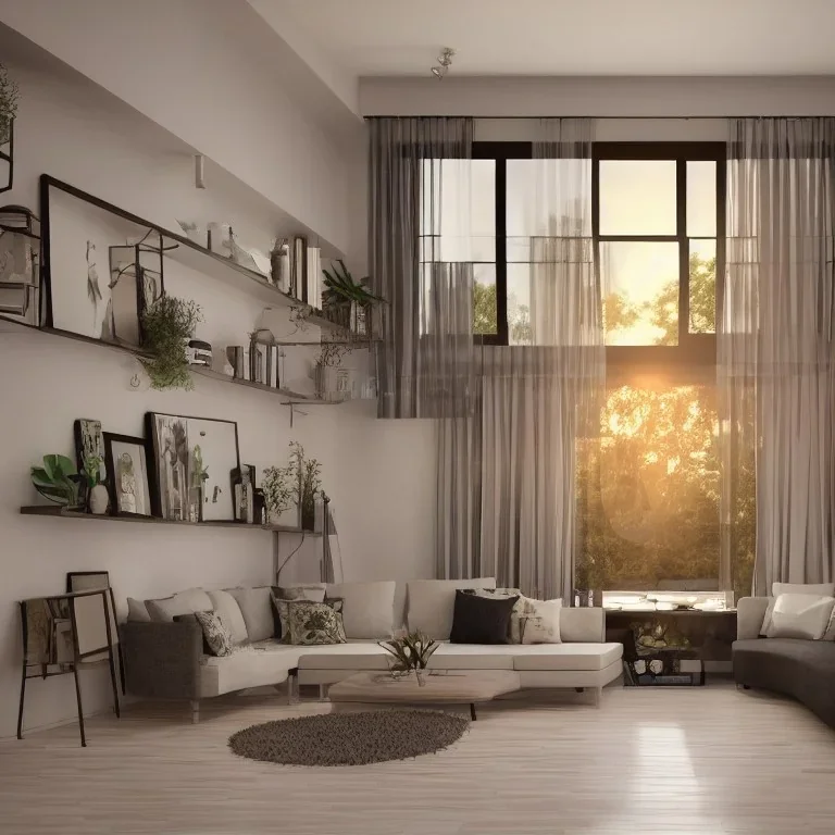 beautiful house inside living room, Illustration drawing style, around Sunset, 3D render drawing style, around Sunset