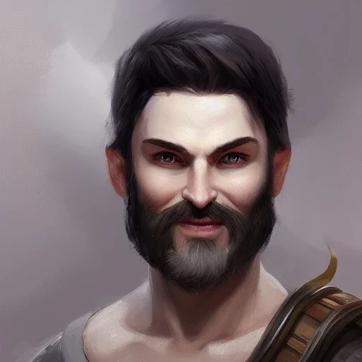 a _ fantasy _ style _ portrait _ painting _ of white male black hair short head smiling beard round face rpg dnd oil _ painting _ unreal _ 5 _ daz. _ rpg _ portrait _ extremely _ detailed _ artgerm _ greg _ rutkowski _ greg