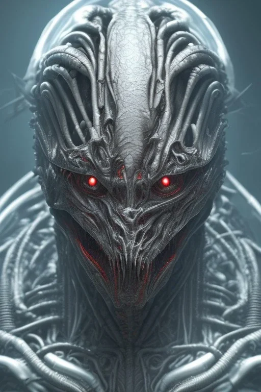 evil predator with crown, alien, brutal face, tron, head, burn eyes, 8k, finely detailed, dark light, photo realistic, hr giger, cyberpunk