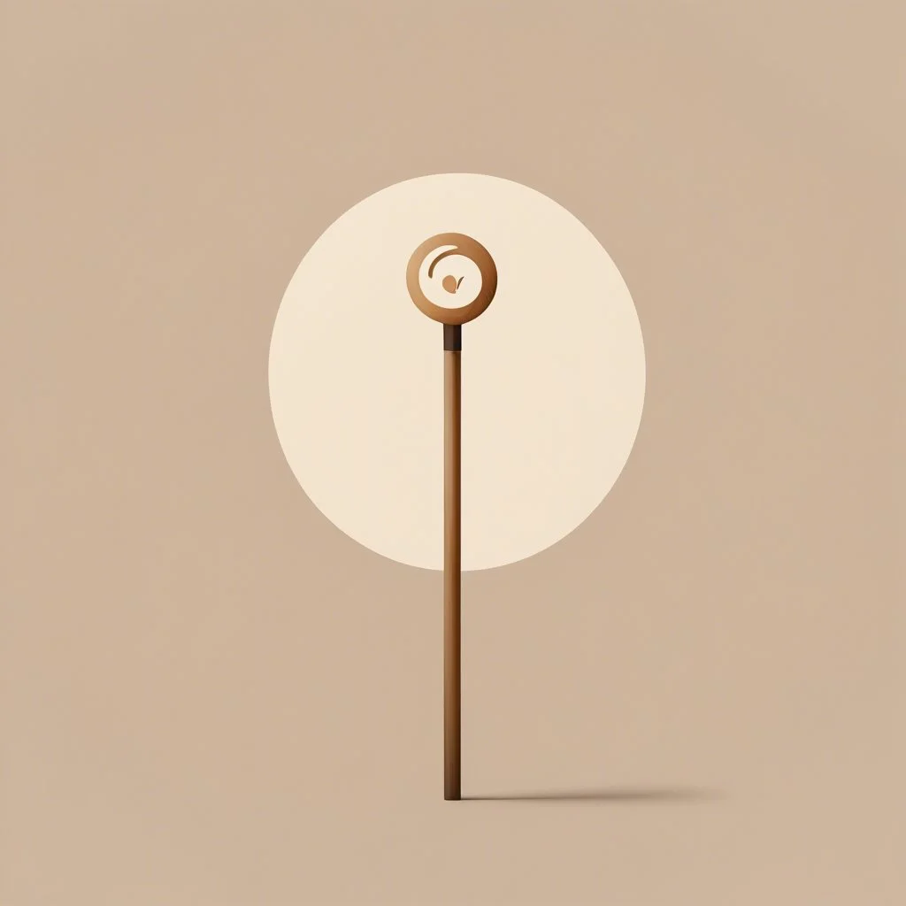 "Ilustración minimalista y elegante de un bastón sencillo de madera con un pequeño símbolo circular en la parte superior. El bastón está sobre un fondo neutro con ligeros tonos tierra. Elementos sutiles, como una luz suave, sugieren serenidad y compasión.