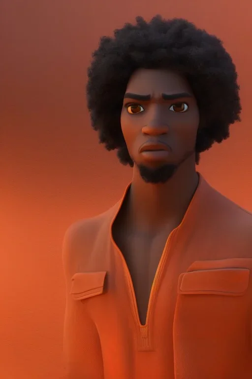 3D render of a cyberpunk tribal young black man, black afro hair, ragged shirt, on a orange dune background, digital art