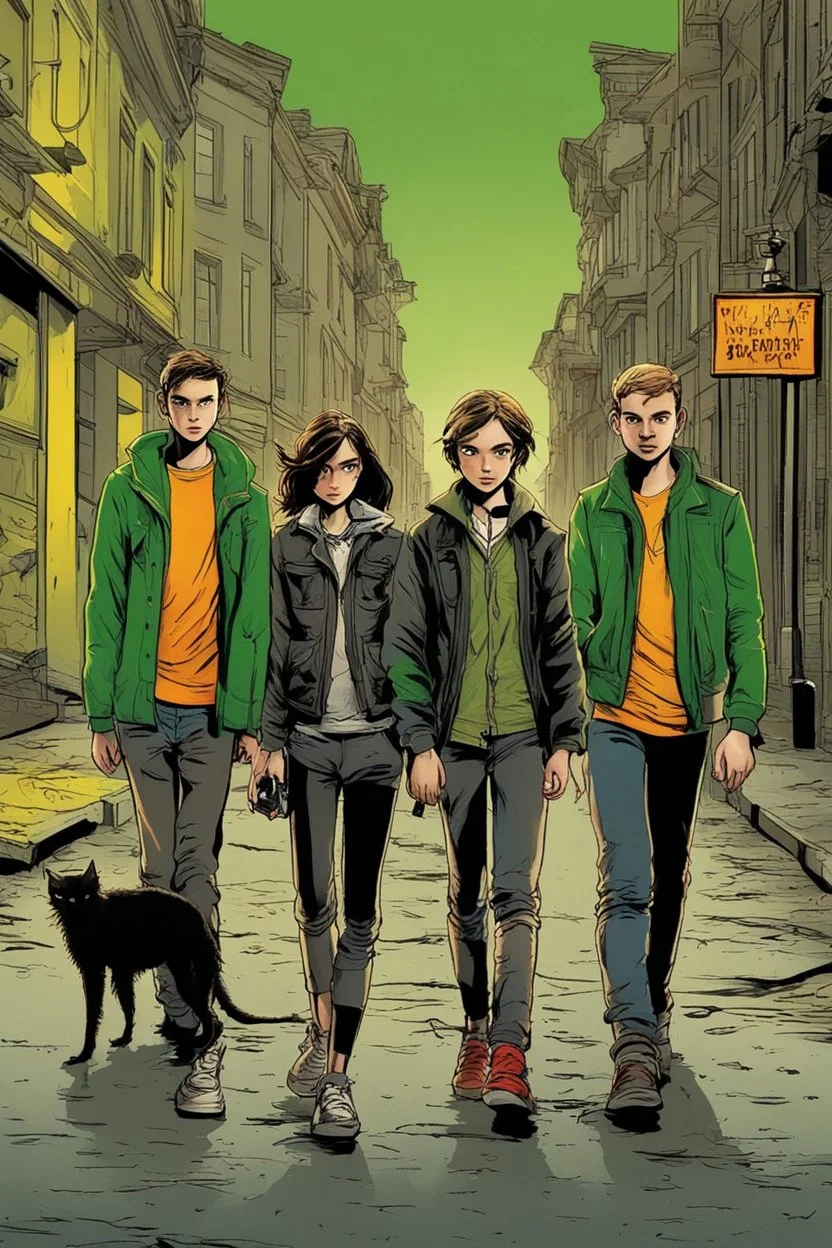 Design a detective book cover for teenagers. Three 15-year-old teenage detectives and a black cat in the centre, one boy on her left, the girl in the centre and one on her right are on the town street. Banksy style, modern comic book style, mysterious atmosphere, modern clothes, streetwear, street look, Polish style, highly detailed, green eyes, brown eyes, ginger hair, brown hair, blonde hair, sitting