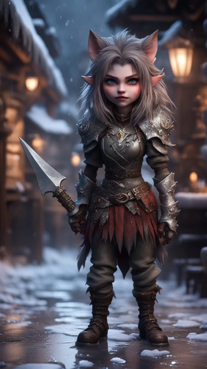 wolfs mane, full figure with metallic stone gauntlets holding dark jagged dagger, standing on frozen wet tiled floor outside fantasy tavern, focused female brownie vampire gnome from worms armageddon wearing makeup, bokeh like f/0.8, tilt-shift lens 8k, high detail, smooth render, down-light, unreal engine, prize winning