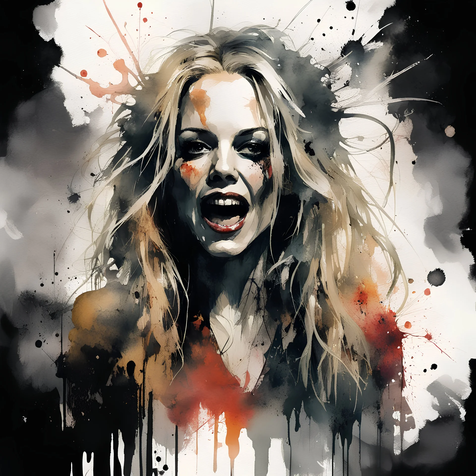 watercolor and ink illustration of portrait of scream queen Sherri Moon Zombie as Baby Firefly, by Russ Mills and Jeremy Mann, dynamic composition, oddball masterpiece, sfumato, complex contrast, dark background, ink splatter