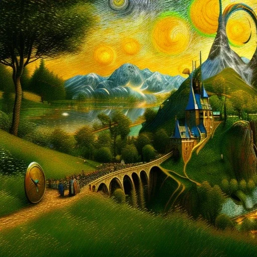 Epic Drawing of scenery of The LOTR estilo Van Gogh 4k