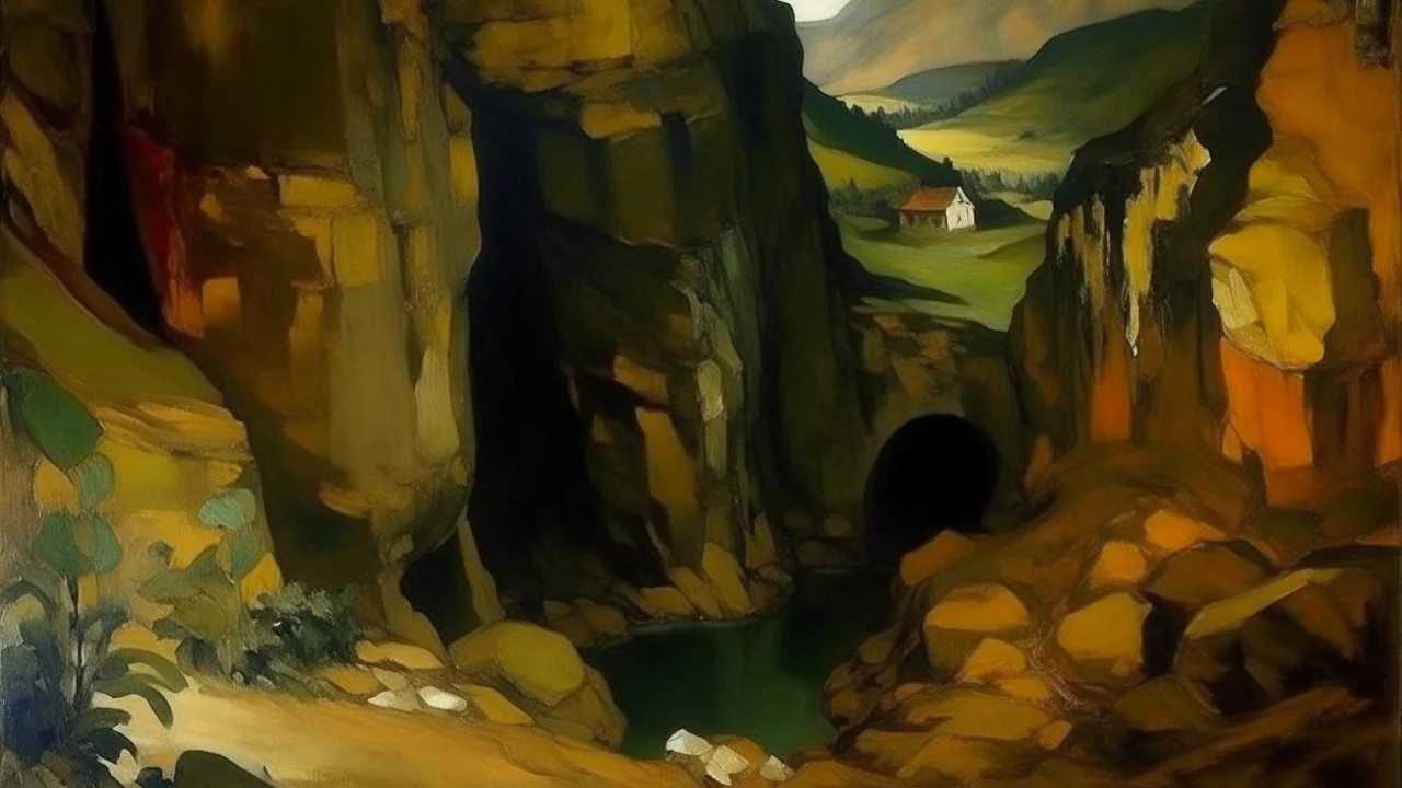 A brown underground mine in a mountain painted by Paul Gauguin