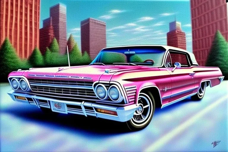 a true-to-life 1963 Chevrolet Impala, centered, intricate, extreme detailed, photorealism, center view, city background, pivot on chevrolet, pen and color marker painting by cheryl kelley