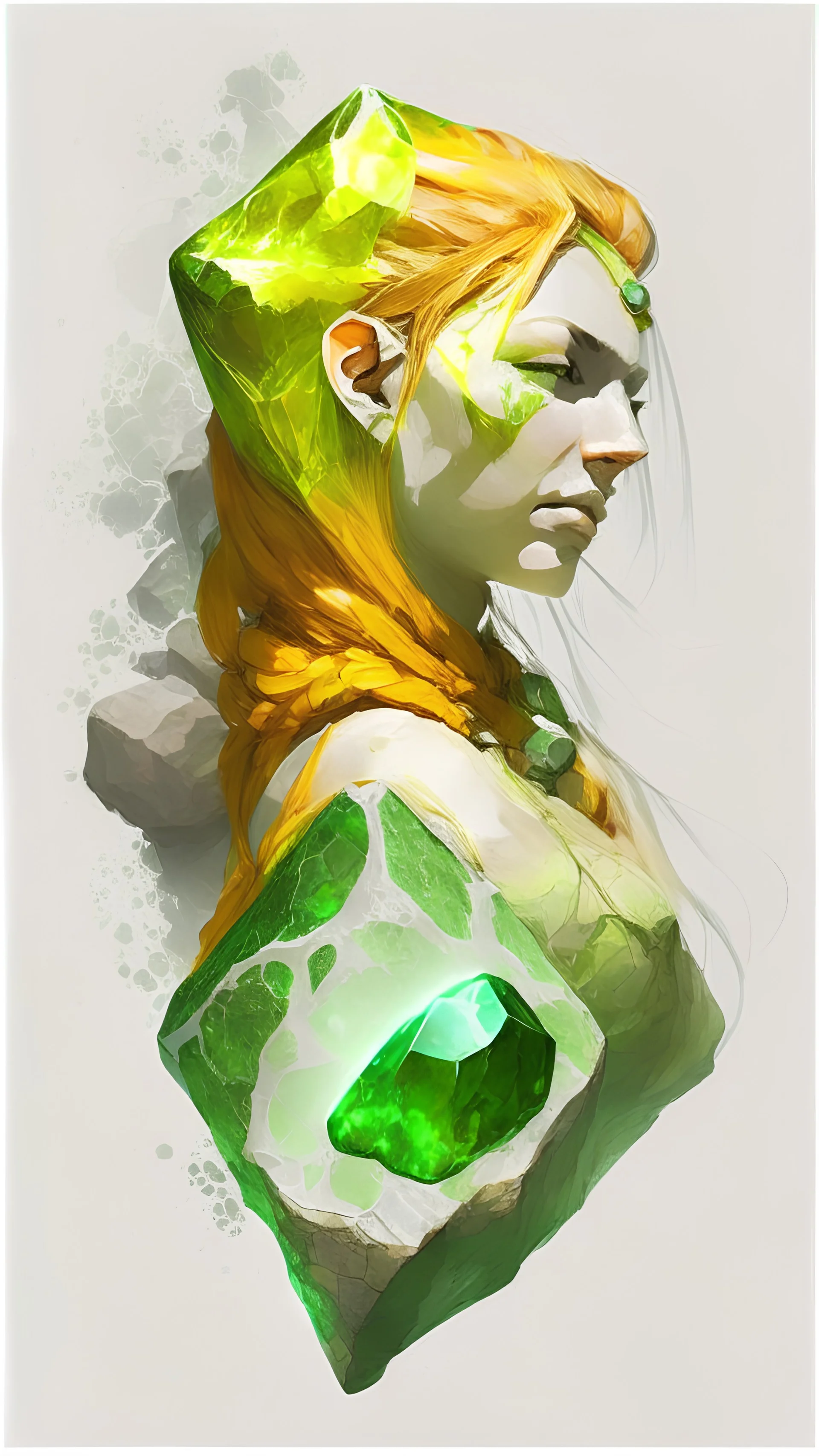 green stone, white background, inner light, artistic style, bright and vivid, green amber stone, jade, shaped like a viking woman