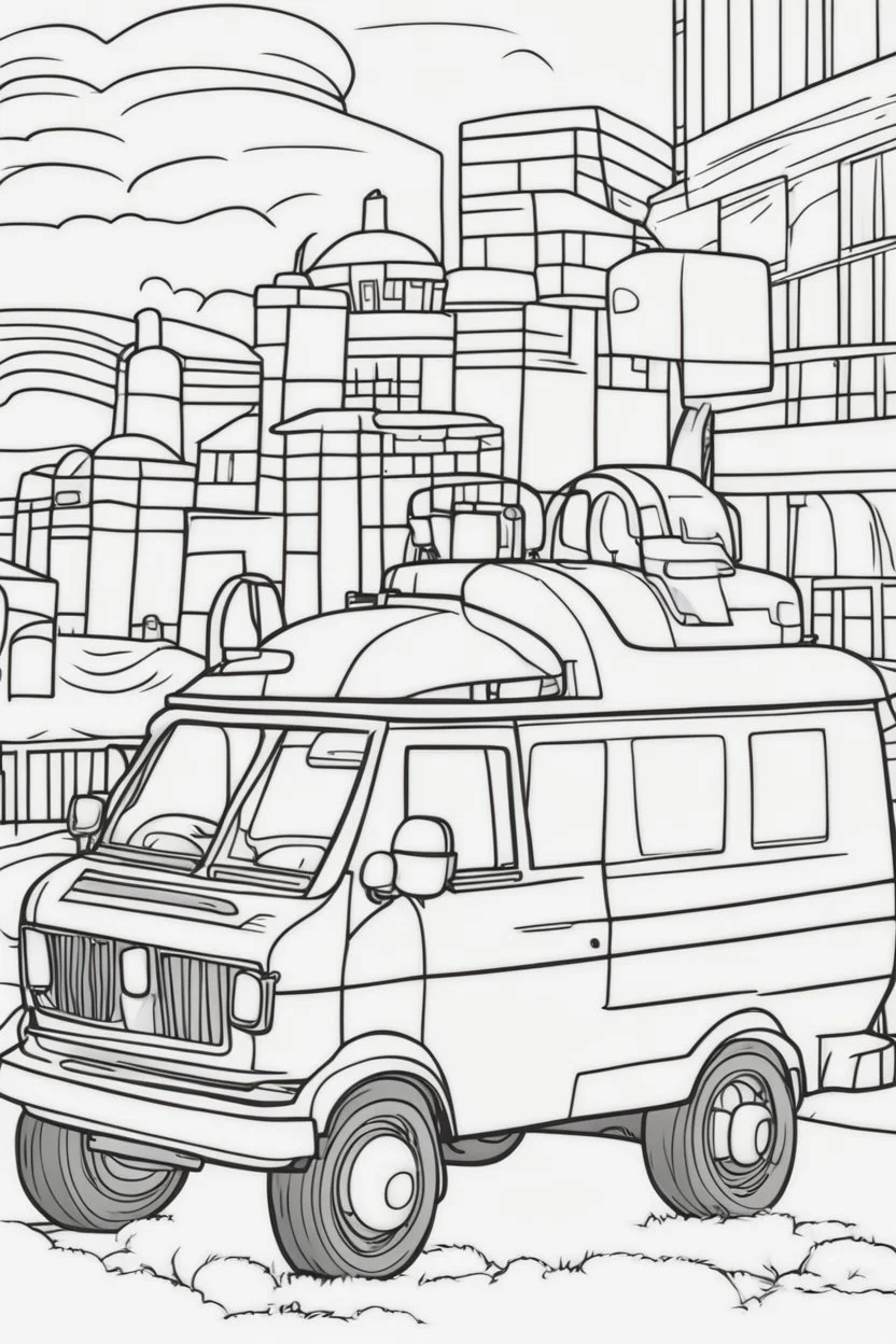 transport coloring page for kids, AMBULANCE, cartoon style, thick outline, low details, no shading, no color