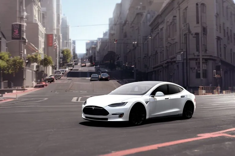 A Tesla 'Model Y' is racing at top speed, on the streets of San Francisco. (CINEMATIC, WIDE ANGLE LENS, PHOTO REAL)