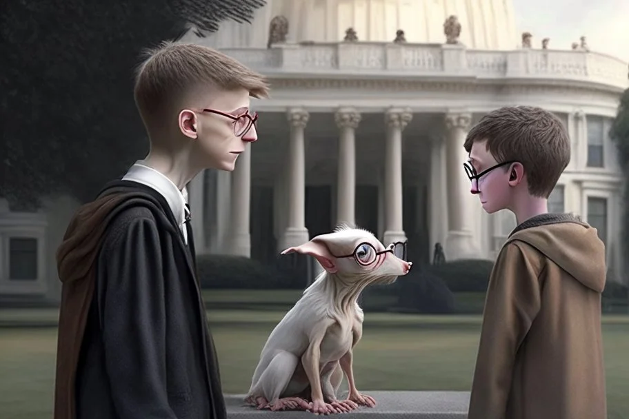 realistic young Harry Potter talking to Dobby in front of white house