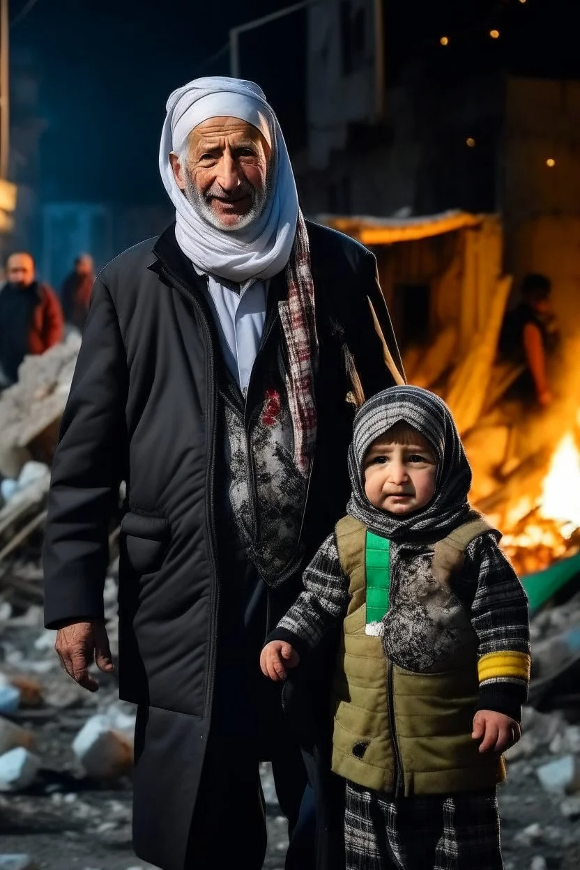 Palestinian old man wears the keffiyeh and the Palestinian dress Carrying a seven small child ,at winter , Destroyed Buildings , with a Explosions, at night