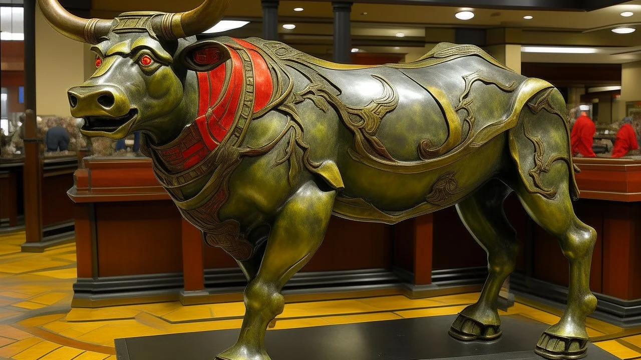 A bronze fire elemental bull painted by Frank Lloyd Wright