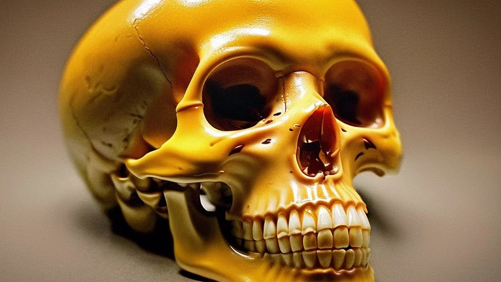 a picture of a dark, comedic, anatomically correct skull of a smiley face, photo realistic, highly detailed, yellow, old, part of a collection of bones on display on a scientists shelving