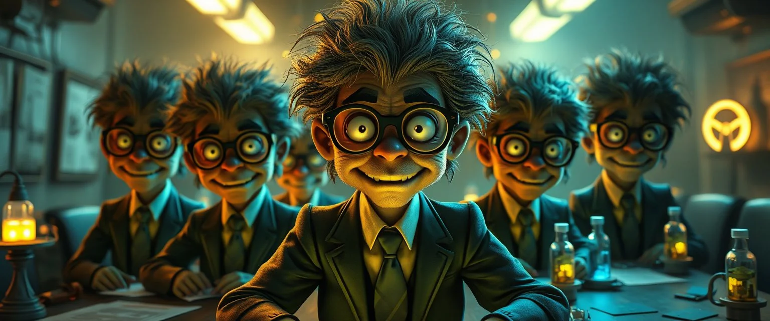 high class realism, the board in the style of fallout 4, A really close up portrait of one person individually mutated with hairy wigs glowing, messed up uranium creatures in a dimly lit boardroom, wearing tiny suits and glasses, with playful but slightly mischievous expressions. The room is filled with scattered papers, glowing vials, and miniature nuclear reactors. Style: whimsical digital illustration, cinematic lighting, colorful