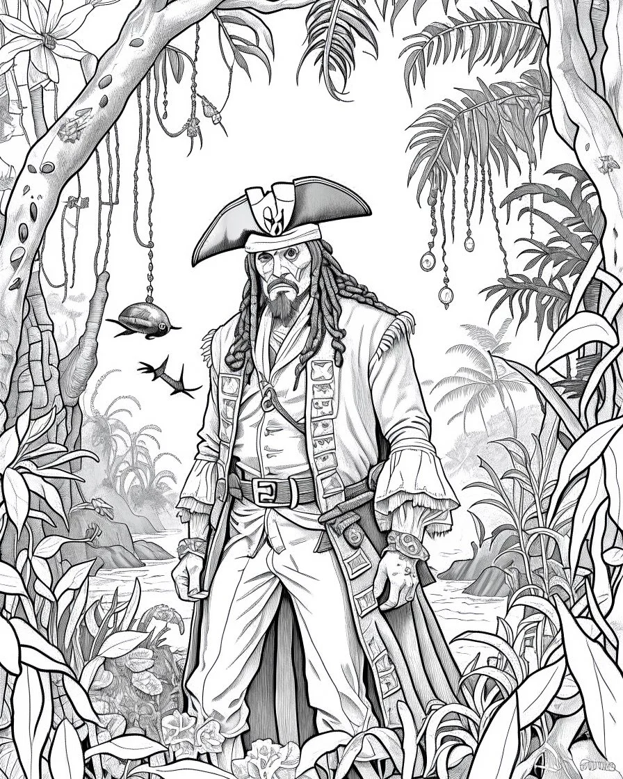 Pirates of the Caribbean: Jack Sparrow's Jungle Adventure Coloring Page: Design an adventurous coloring page inspired by the Pirates of the Caribbean movie, featuring Jack Sparrow navigating a dense jungle on a quest. Remove black color backgrounds and lines as much as possible, allowing kids to focus on coloring towering trees, wild animals, and hidden paths. This black-and-white canvas invites young artists to bring the excitement of Jack Sparrow's jungle exploration to life in their imaginati