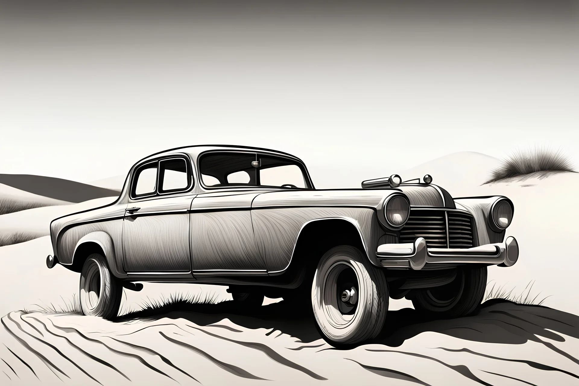 generate an image fast old car on the dune road like a draw minimal style black and white pencil style.