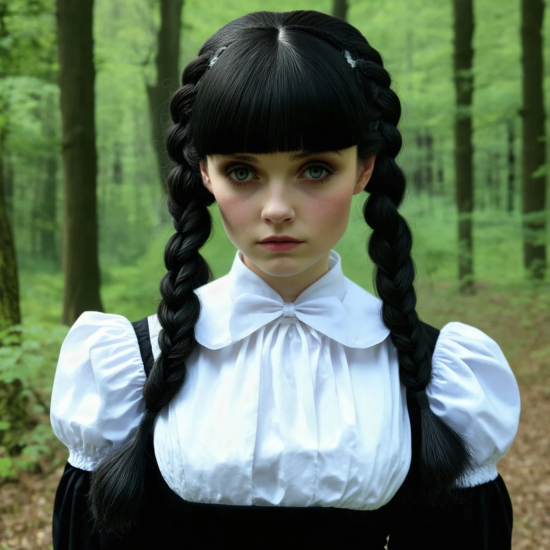 Young Marie-Antoinette as Wednesday addams, braids, bangs, in tge woods