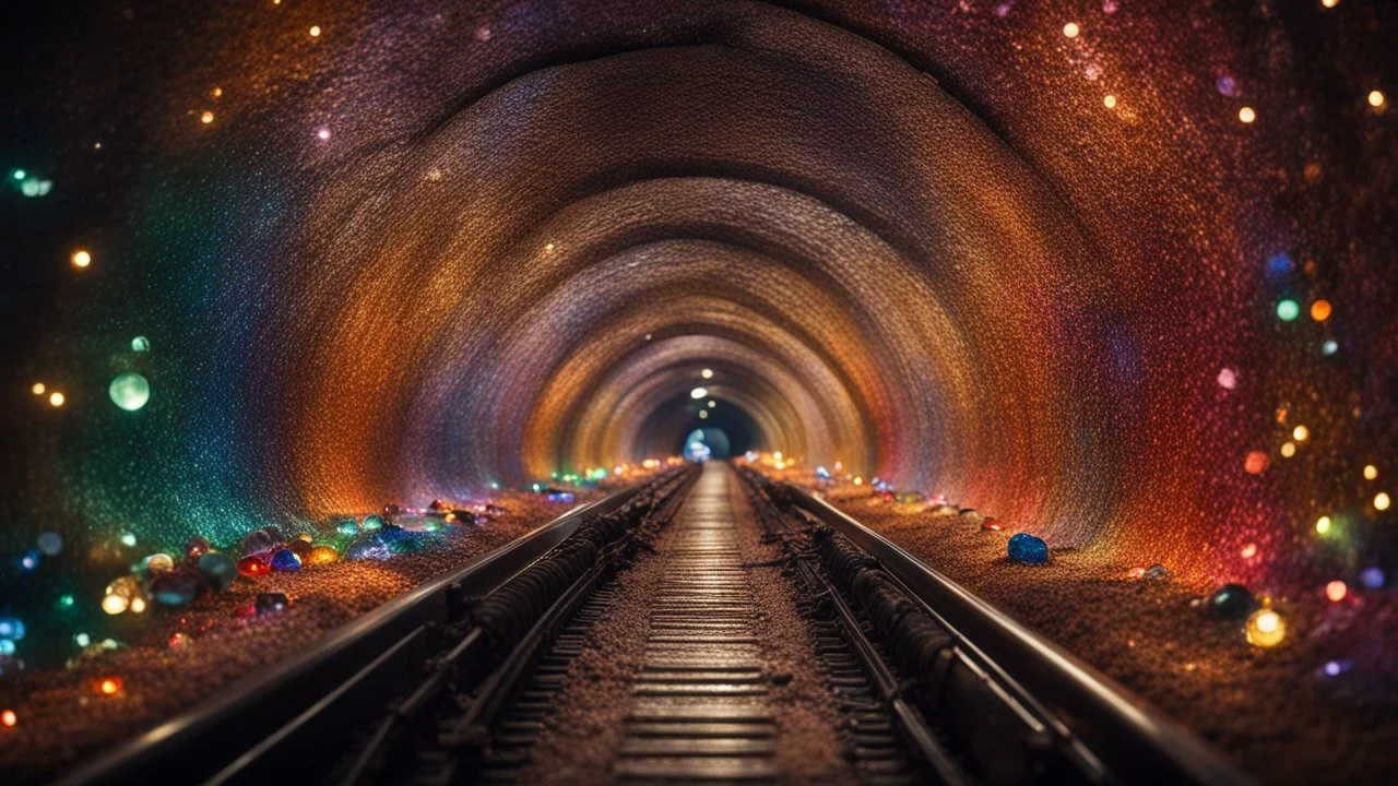 dream world, vast enormous warm underground railway tunnel, tiny multicoloured gemstones, twinkling lights, calm beauty, fantasy world, magic, night, darkness, splendor, uplifting, inspiring, therapeutic, chiaroscuro, color, award-winning colour photograph, beautiful composition, Nikon 85mm