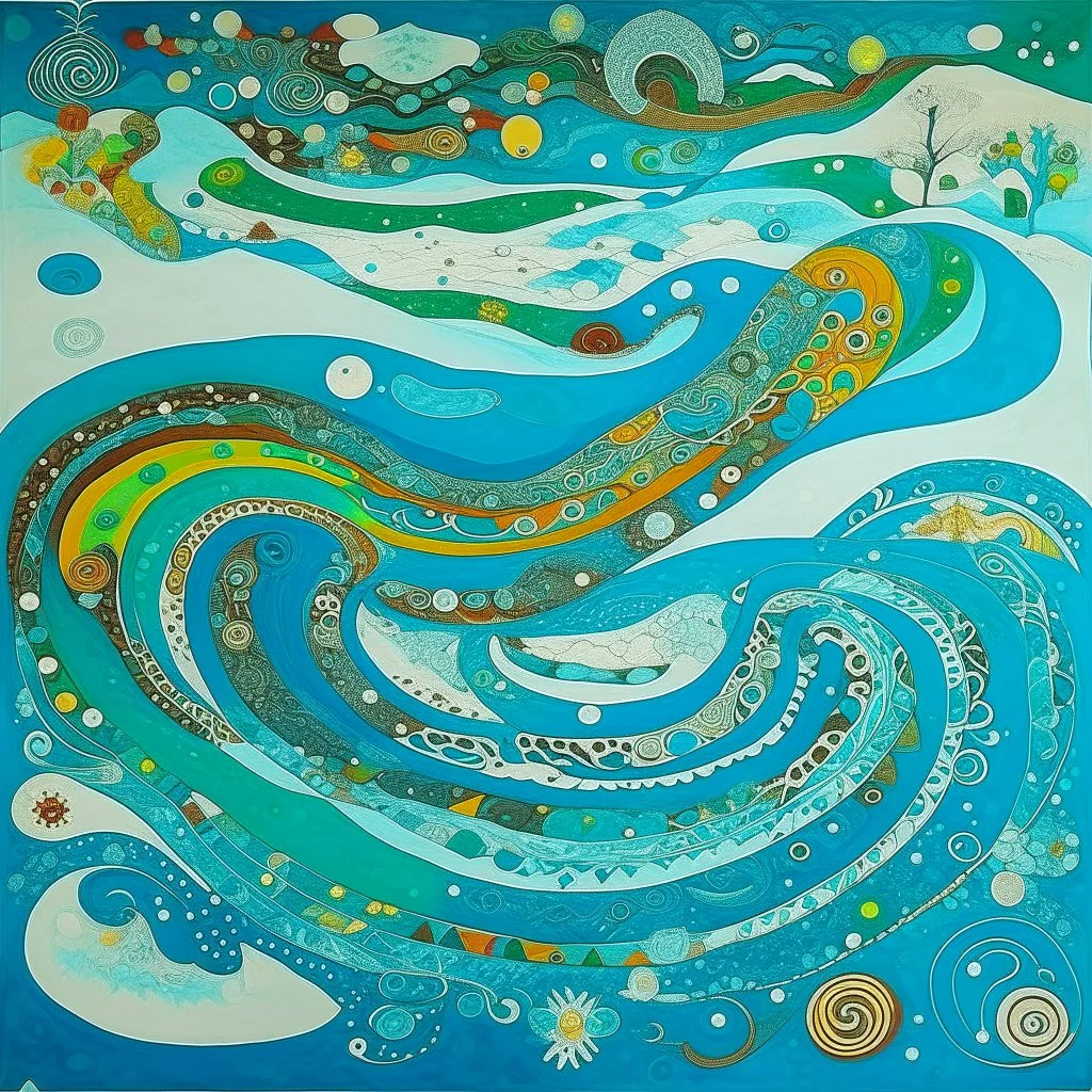 A cyan tundra covered in snow designed in Mehndi design painted by Wassily Kandinsky